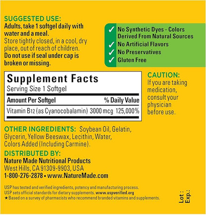 Nature Made Extra Strength Vitamin B12 3000 mcg, Dietary Supplement for Energy Metabolism Support, 60 Softgels, 60 Day Supply