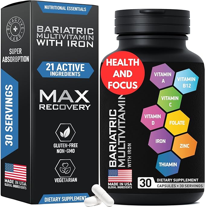 Bariatric Multivitamin with Iron for Women & Men - Post Gastric Bypass Vitamins and Gastric Sleeve Bariatric Iron Vitamin Multivitamins -Non-GMO, Gluten-Free -One a Day, 30 Capsules