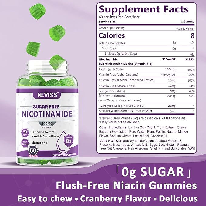 Sugar Free Nicotinamide 500mg Gummies, (Flush Free Niacin) Vitamin B3 Niacinamide Supplement for Cell Regeneration, NAD+ Levels, Anti-Aging, Cellular Energy, Focus & DNA Repair, Longevity, 60Cts