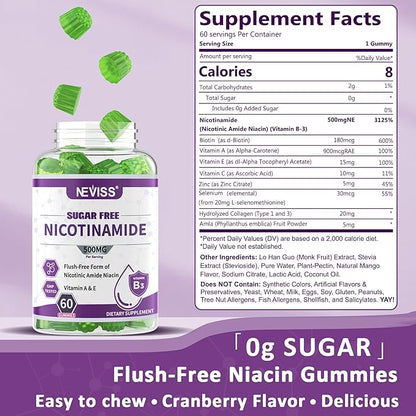 Sugar Free Nicotinamide 500mg Gummies, (Flush Free Niacin) Vitamin B3 Niacinamide Supplement for Cell Regeneration, NAD+ Levels, Anti-Aging, Cellular Energy, Focus & DNA Repair, Longevity, 60Cts