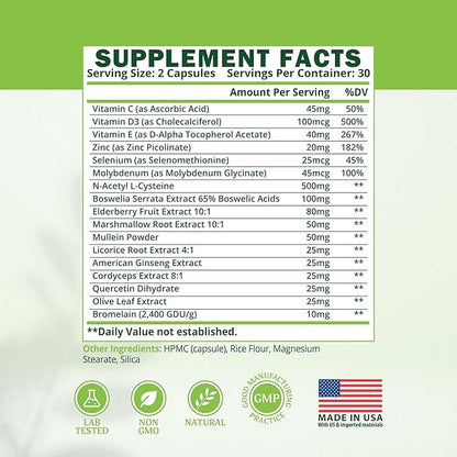 Lung Support Supplement - Lung Health Supplement for Respiratory Health, Lung Function & Immune Defense - Lung Detox for Smokers with Ginseng, Boswellia, Elderberry Fruit & Marshmallow Root