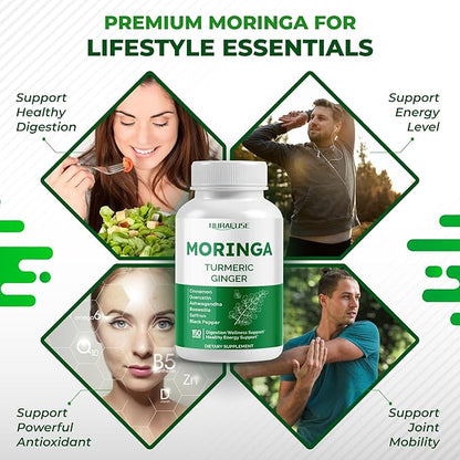 Moringa 12-in-1 Supplement with Turmeric Cinnamon Quercetin Ashwagandha Ginger Boswellia Nettle Saffron Tart Cherry Garlic - Made in The USA