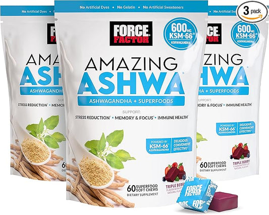 FORCE FACTOR Amazing Ashwa for Stress Relief, Memory, Focus, and Immune Support Health, Ashwaganda Supplement with KSM-66 Ashwagandha for Stress, 180 Soft Chews