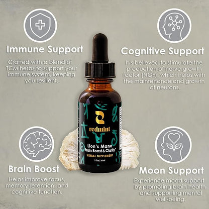 Redmint Lion's Mane Mushroom Herbal Tincture - Brain Boost & Clarity | Organic Immune Support Mushroom Supplement Rooted in Ancient TCM Wisdom for Focus, Memory Health & Wellness | 1 fl oz