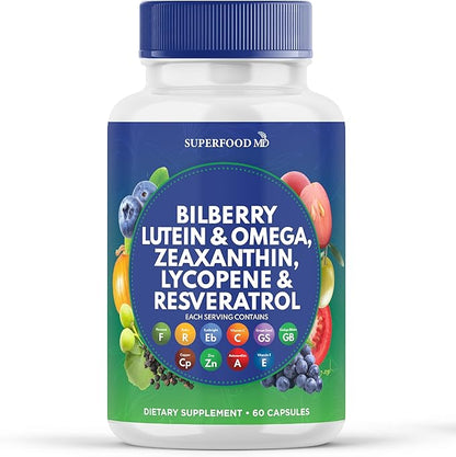 Superfood MD Eye Health Vitamins with Bilberry Lutein & Zeaxanthin Lycopene Resveratrol Grape Seed Extract Astaxanthin- AREDS 2 - Eye Vitamin - 60 Capsules