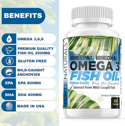 Omega 3 Fish Oil 2000mg HIGH Potency 800mg EPA DHA 600mg BURPLESS Supplement Non GMO Omega 3 Fatty Acid Supplements HIGH DOSE Fish Oil for Dogs Cats Humans Made in USA