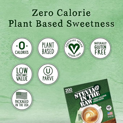 Stevia In The Raw, Plant Based Zero Calorie Sweetener, Sugar Substitute, Sugar-Free Sweetener for Coffee, Hot & Cold Drinks, Suitable For Diabetics, Vegan, Gluten-Free, 200 Count Packets (Pack of 2)
