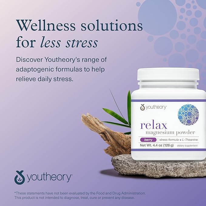 Youtheory Relax Magnesium Powder - Vegan Stress Relief Supplement with L-Theanine & GABA* - Supports Relaxation* - Dairy, Soy & Gluten Free - Berry, 4.4 oz