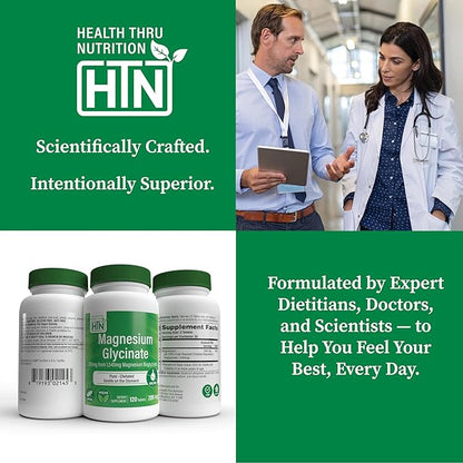 Magnesium Glycinate 200mg 120 Tablets | Fully Reacted Pure Magnesium Bisglycinate 1,540mg | High Absorption, Gentle on Stomach, Supports Relaxation & Nerve Function | Non-GMO by Health Thru Nutrition