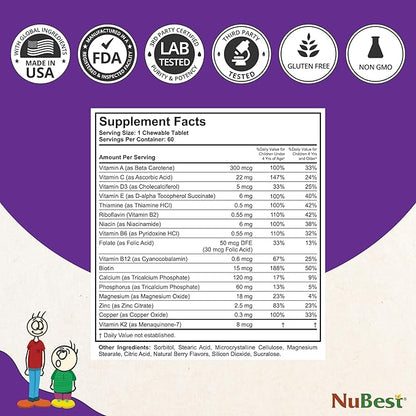 NuBest Tall Kids - Helps Grow & Develop Healthily - Immunity & Bone Strength Support - Toddlers Vitamins & Kids Vitamins for Age 2 to 9-60 Chewable Tablet - Funny Animal Shape - 2 Pack