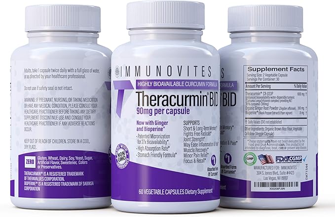 Theracurmin BID 300mg (Nano Curcumin 90mg per Cap.) [[600mg per Serving]] - Now w/Ginger & Bioperine (60ct Bottle)