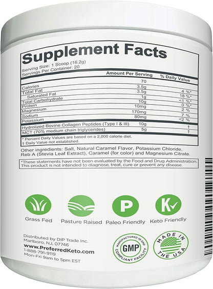 Keto Collagen Protein Powder with MCT Oil – Keto and Paleo Friendly Pure Grass Fed Pasture Raised Hydrolyzed Collagen Peptides KEYTO Salted Caramel Flavor