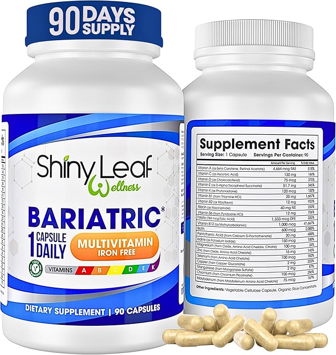Shiny Leaf Bariatric Multivitamin Without Iron - Vitamins for Gastric Bypass & Sleeve, 1 Daily Capsule W Vitamin A, C, D, Biotin, Zinc, B12, K, Vegetarian, Soy-Free, GMP Cert., Made in USA (90 Ct.)