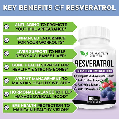 Extra Strength Resveratrol 1568mg - 180 Capsules - 3 Months Supply | Antioxidant Supplement | Natural Trans-Resveratrol Pills | for Anti-Aging, Heart Health, Immune System & Brain Function