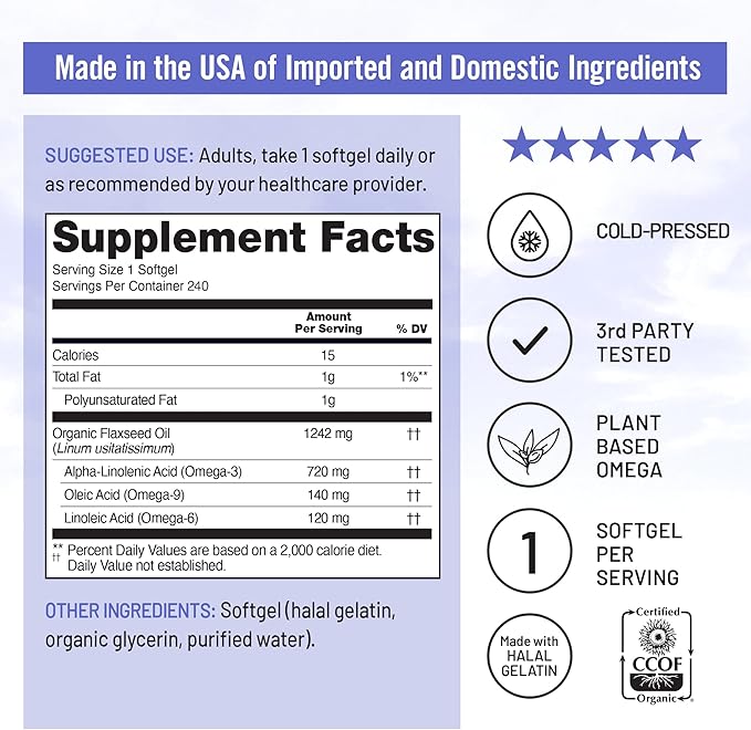 NatureWise Flaxseed Oil 1200 mg, Fish Free Omega 3 6 9 with 720mg ALA, Dietary Supplement for Heart Health Support - Organic, Cold Pressed, Non-GMO - 240 Softgels[8-Month Supply]