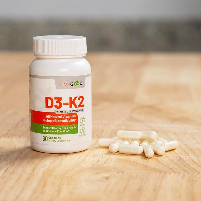 LIVEGOOD™ Vitamin D3 + K2 All Natural Bone, Muscle & Immune System Support, Vegan & Non-GMO, 60 Capsules