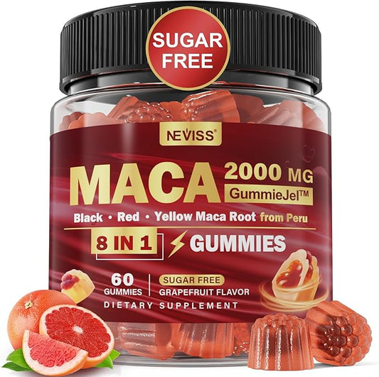 Sugar Free Maca Root Filled Gummies for Women Men | Organic Black, Red, Yellow Maca 2000mg Per Serving | with Ashwagandha | Vegan, Non-GMO & Gluten Free Supplement | Grapefruit Flavor, 60 Count