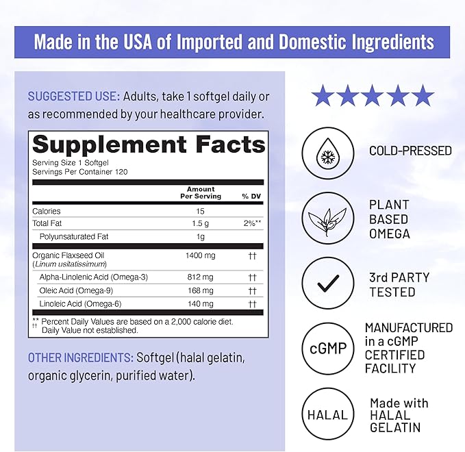 NatureWise Flaxseed Oil 1400 mg, Fish Free, High Potency Omega 3 with 812 mg ALA, Dietary Supplement for Heart Health Support - Organic, Cold Pressed, Non-GMO - 120 Softgels[120-Day Supply]
