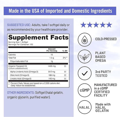 NatureWise Flaxseed Oil 1400 mg, Fish Free, High Potency Omega 3 with 812 mg ALA, Dietary Supplement for Heart Health Support - Organic, Cold Pressed, Non-GMO - 120 Softgels[120-Day Supply]
