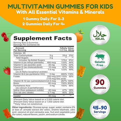 Halal Kids Multivitamin Gummies, 45-90 Days Supply, with All Essential Kids Vitamins. Toddler Vitamins with Vitamin C, D, Zinc, A, E, B6, B12, Biotin | Halal Gummy Vitamins for Kids