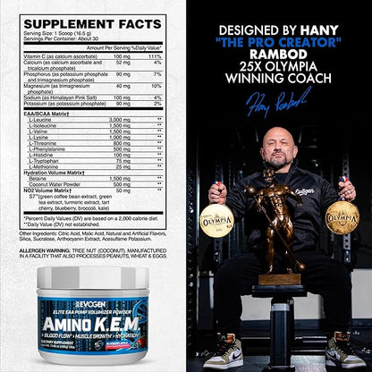 Evogen Amino K.E.M. - EAA & BCAA Powder Pump Volumizer | BCAAs Amino Acids Supplement for Blood Flow, Muscle Growth, & Hydration | Blueberry Apple | 30 Servings