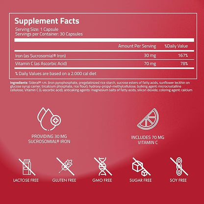 SiderAL Forte Iron Supplement and Vitamin C for Women and Men - Premium Supplement for Deficiency and Anemia Support - High Absorption - Gentle on The Stomach - Non-Constipating - 180 Caps