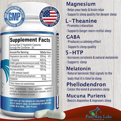 Natural Calm Sleep Aid with Magnesium, L-Theanine, Melatonin, GABA, 5-Htp | Sleep Aid | Non-GMO - 60 Capsules