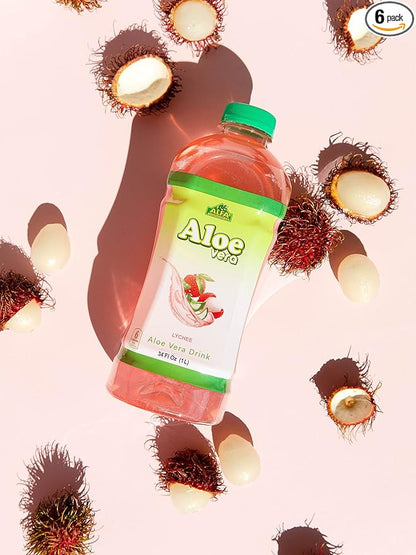 ALFA VITAMINS Aloe Vera Drink Original Flavor - Natural Pulp - 34 Ounce - 6 Pack (Lychee)