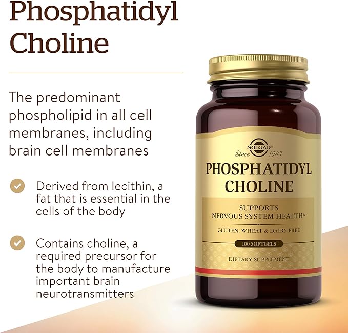 Solgar Phosphatidylcholine, 100 Softgels - Promote Healthy Cognitive Function - Derived From Lecithin - Contains Choline for Neurotransmitter Acetylcholine - Gluten Free, Dairy Free - 50 Servings