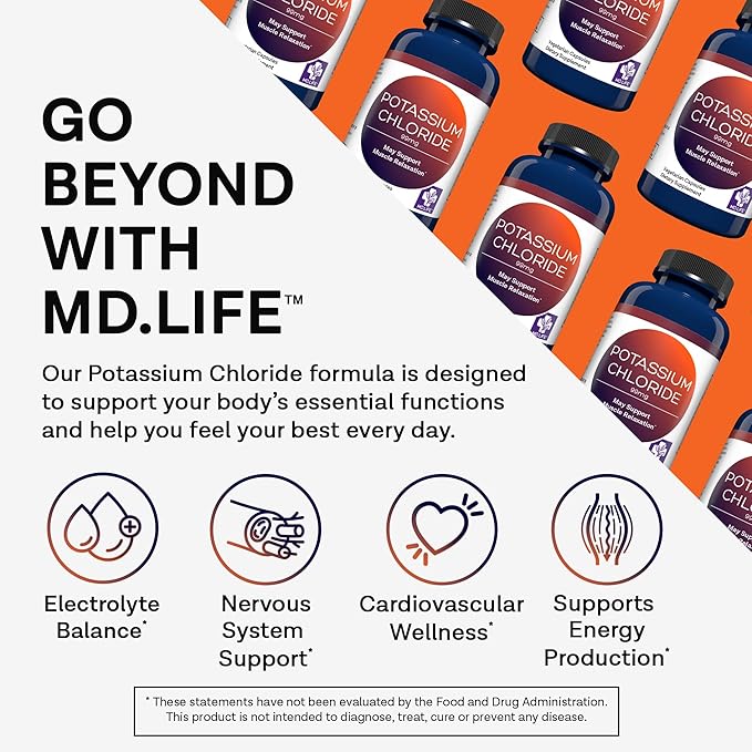 MD Life Potassium Chloride Supplement - Third Party Lab Tested - 99mg 90 Count - Potassium Chloride Capsules May Help Support Muscle Function & Healthy Blood Pressure Vegetarian Potassium Supplement