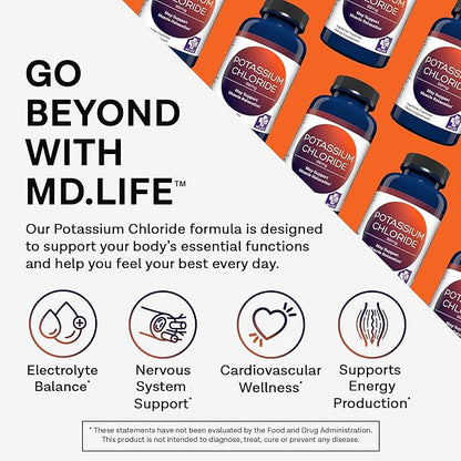 MD Life Potassium Chloride Supplement - Third Party Lab Tested - 99mg 90 Count - Potassium Chloride Capsules May Help Support Muscle Function & Healthy Blood Pressure Vegetarian Potassium Supplement