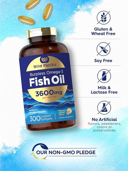 Carlyle Burpless Fish Oil 3600 mg | 300 Softgels | with Omega-3 Fatty Acids | Lemon Flavor | Non-GMO, Gluten Free Supplement | by Wild Pacific
