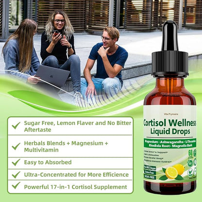2 Pack Cortisol Supplement Liquid Drops, 17-in-1 Cortisol Detox w. Magnesium Glycinate 400mg Ashwagandha, L-Theanine, Phosphatidylserine, Hormone Balanced for Women, Mood Focus, Sleep Support