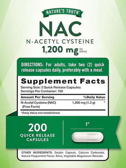 Nature's Truth NAC N-Acetyl Cysteine | 1,200mg | 200 Capsules | Free Form Amino Acid | Non-GMO & Gluten Free Supplement