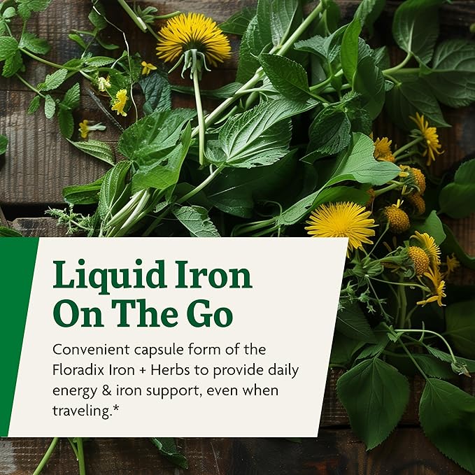 Floradix Iron + Herbs - Iron Supplement for Healthy Energy Support* - Vegan, Non-GMO, Gluten-Free, Soy-Free - 120 Liquid Phyto-Caps