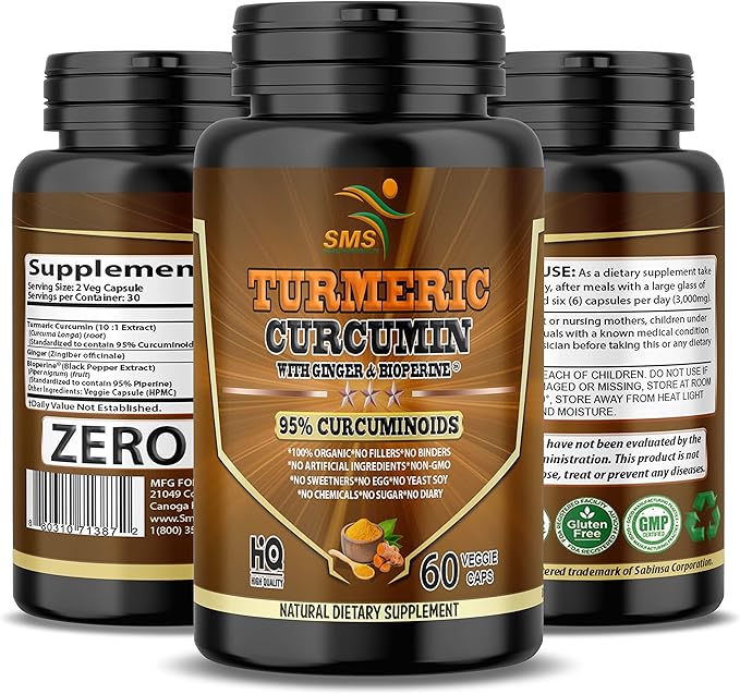 Turmeric Curcumin with Ginger, BioPerine Black Pepper, 95% Curcuminoids, Natural Joint & Healthly Inflammatory Support, Antioxidant Tumeric Supplement, 60 Veggie Capsules, Made in USA, by SMS