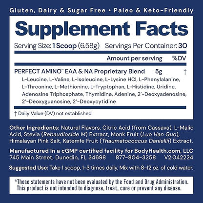 BodyHealth PerfectAmino Powder - BCAA and EAA Powder for Pre and Post Workout - Amino Acid Energy Drink for Men and Women to Support Lean Muscle and Recovery - Mixed Berry - 30 Servings