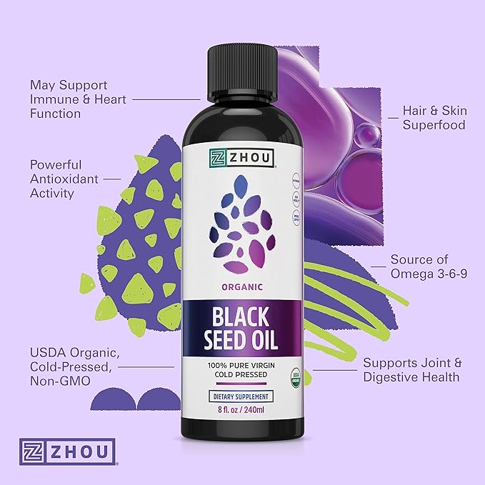Zhou Organic Black Seed Oil - Black Cumin Seed Oil Cold Pressed, Nigella Sativa, Pure Unrefined Blackseed Liquid, Premium Supplement for Health with Thymoquinone, Omega 3 6 9 - 8 Fl Oz (Pack of 1)