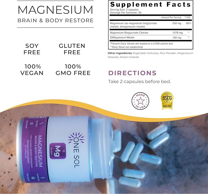 One Sol Magnesium, 1378 mg Dual Source Magnesium Bisglycinate for Sleep, Relaxation and Full Body Recovery | High Absorption | Vegan, Non-GMO, Gluten & Soy-Free | Made in USA, 60 Capsules