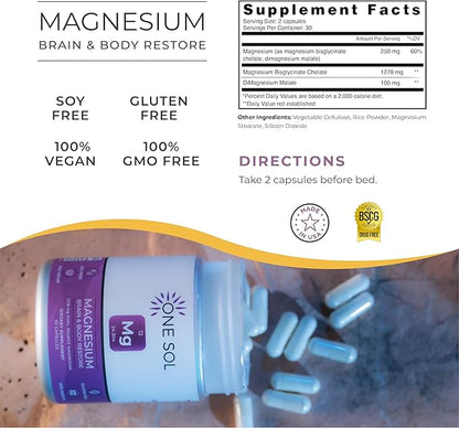 One Sol Magnesium, 1378 mg Dual Source Magnesium Bisglycinate for Sleep, Relaxation and Full Body Recovery | High Absorption | Vegan, Non-GMO, Gluten & Soy-Free | Made in USA, 60 Capsules