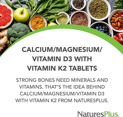 NaturesPlus Calcium/Magnesium/Vitamin D3 with Vitamin K2 - Supports Bone & Immune Health - Vegetarian, Gluten Free - 90 Tablets - 22.5 Servings