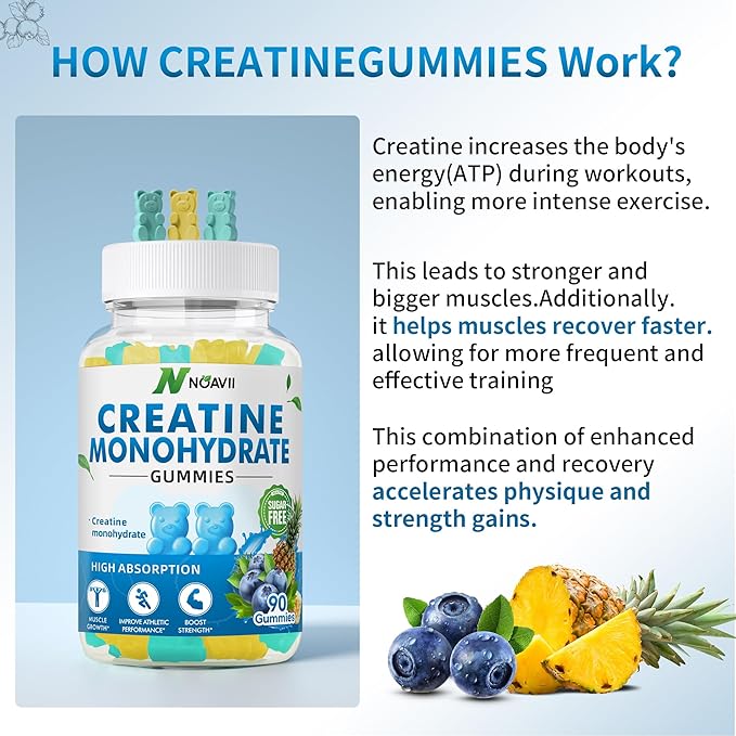 Creatine Monohydrate Gummies 5000mg for Men & Women, Chewables Creatine Monohydrate for Muscle Strength, Muscle Builder, Energy Boost, Pre-Workout Supplement(90 Count)-Blueberry Pineapple