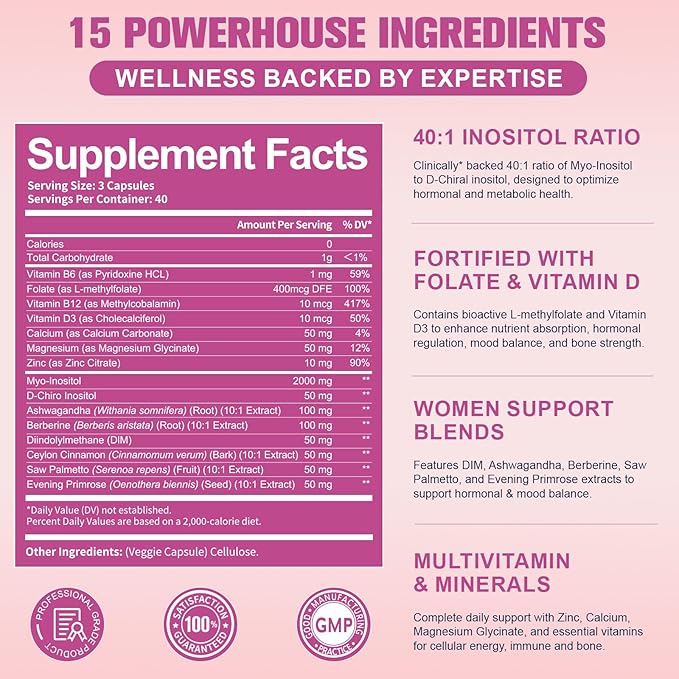 Myo-Inositol & D-Chiro Inositol for Women, 2050 mg inositol Supplement w/DIM, Ashwagandha, Folate, Vitamin D, Calcium, Ideal 40:1 Ratio, for Hormone Balance, Ovarian Function*, Overall Health, 120 Ct