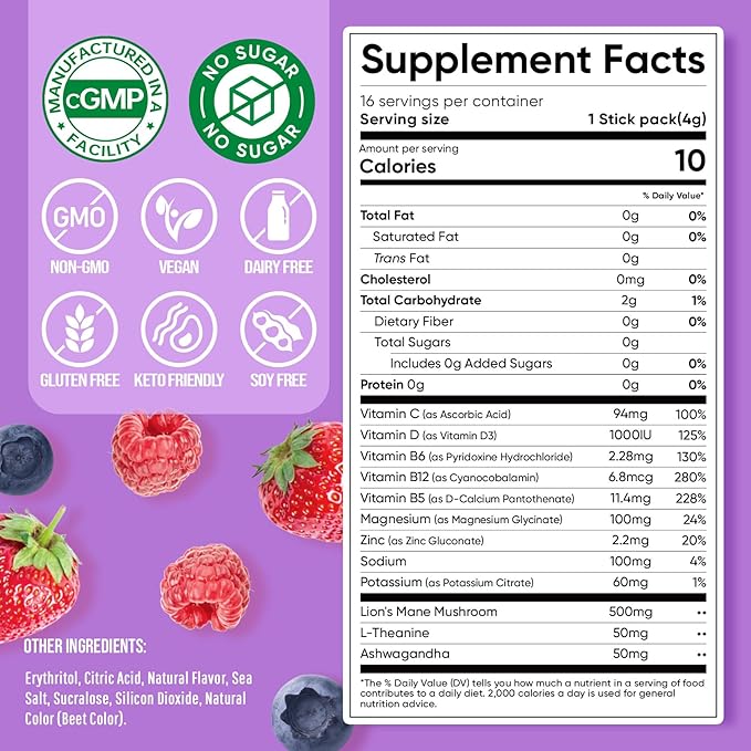 Venture Pal Magnesium Glycinate Powdered Calming Drink Mix with Ashwagandha, Vitamin D, L-Theanine, Lions Mane, Sugar Free Magnesium Supplement Blend for Calm, Relax & Focus, Non GMO, Vegan, 16 Sticks