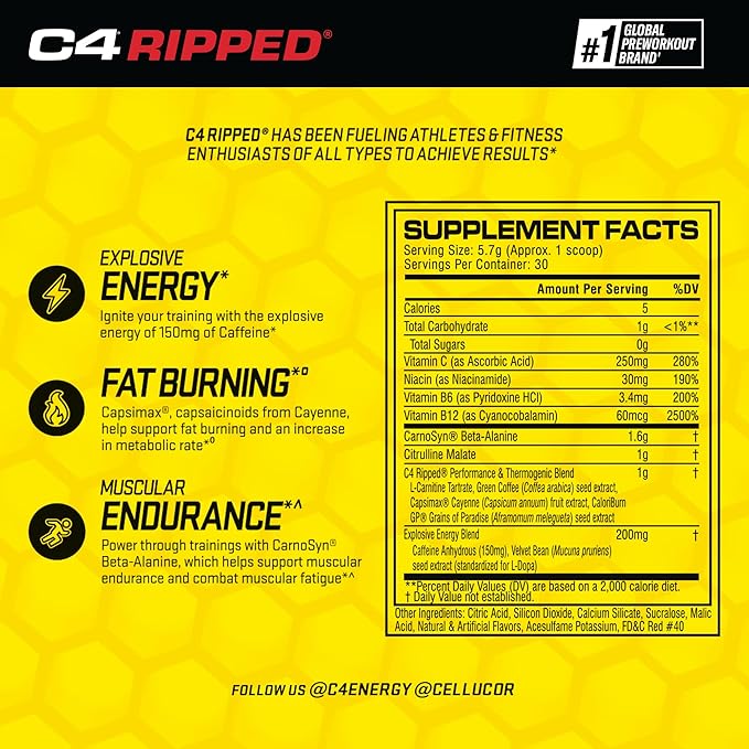 Cellucor C4 Ripped Pre Workout Powder for Energy, Beta Alanine, Sugar Free Energy Supplement Preworkout for Men & Women - 150mg Caffeine + Creatine-Free - Cherry Lemonade - 30 Servings