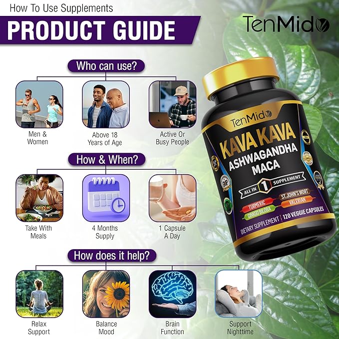 Kava Kava Root Supplement - 8in1 Formula - Combine with Ashwagandha, Maca, Turmeric, Ginkgo Biloba, St. John's Wort, Valerian & Black Pepper - 120 Vegan Capsules, 4 Months Supply