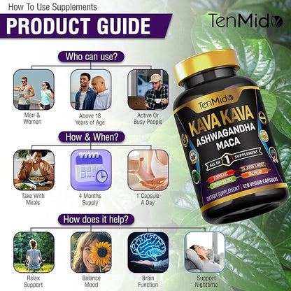 Kava Kava Root Supplement - 8in1 Formula - Combine with Ashwagandha, Maca, Turmeric, Ginkgo Biloba, St. John's Wort, Valerian & Black Pepper - 120 Vegan Capsules, 4 Months Supply