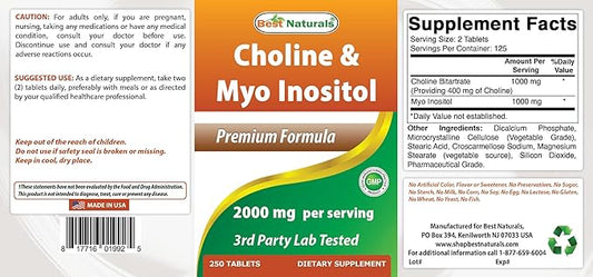Best Naturals Choline Inositol (Myo Inositol) 2000 mg Per Serving 250 Tablets - Non-GMO, Gluten Free, Made in The USA