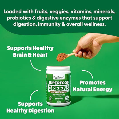 Organic Superfood Greens Powder - Cocoa Chocolate | Super Greens Fruit & Vegetable Supplement | Over 20 Greens, Fruits & Veggies, Fiber, Probiotics & Digestive Enzymes | 30 Servings