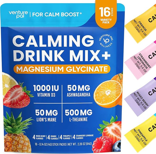 Venture Pal Magnesium Glycinate Powdered Drink Mix with Ashwagandha, Vitamin D, L-Theanine, Lions Mane, Sugar Free Magnesium Supplement Blend for Calm, Relax & Focus, Non GMO, Vegan, 16 Sticks